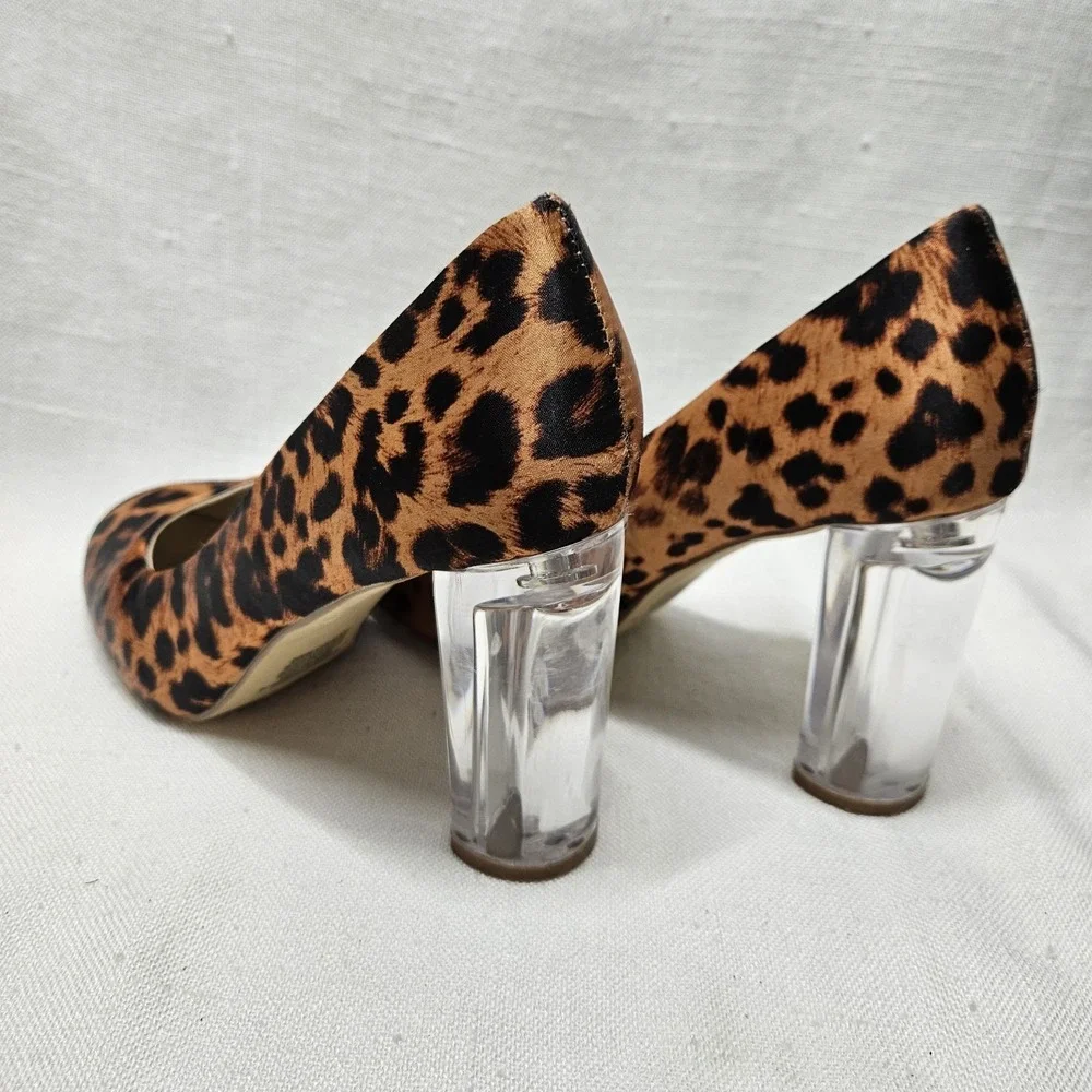Woolworths Pumps Womens 5 Tan Leopard Animal Print Lucite Clear Block Heel Shoes